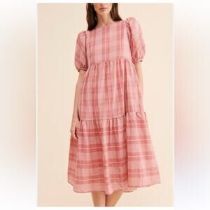 English Factory Mauve Tiered Midi Dress Puff Sleeve House Plaid Prairie Cottage